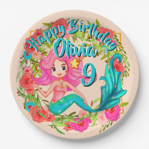 Add Name Age Pink Mermaid Blue Tail Birthday Party Paper Plate