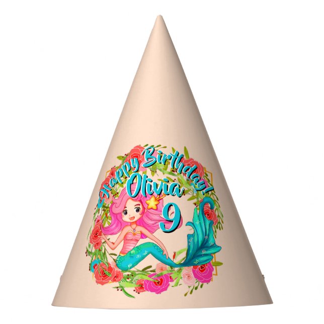 Add Name Age Pink Mermaid Blue Tail Birthday Party Party Hat (Front)