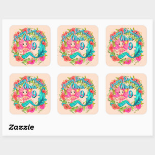Add Name Age Pink Mermaid Blue Tail Birthday Party Square Sticker