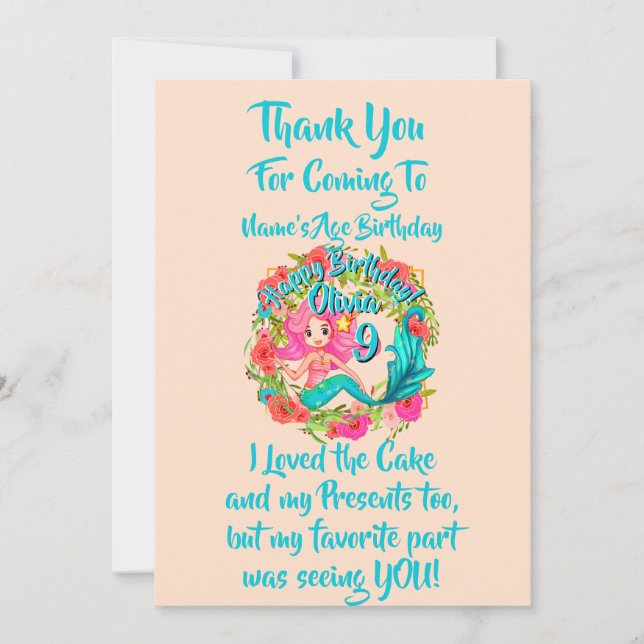 Add Name Age Pink Mermaid Blue Tail Birthday Party Thank You Card (Front)