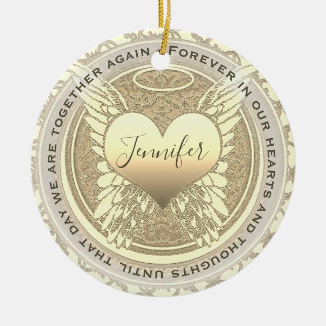 Add Name Angel Wings and Heart Memorial Ceramic Tree Decoration (Front)