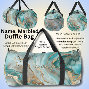 Add Name Aqua Blue Gold Marbled Duffle Bag
