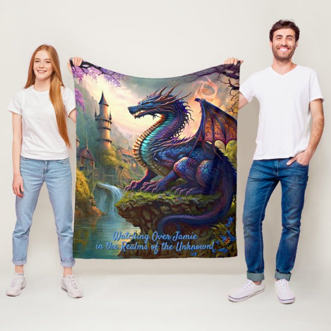 Add Name, Aqua Blue Purple Dragon Near River Fleece Blanket (In Situ)