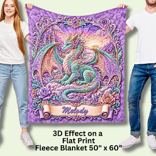 Add Name Aqua Purple Sunrise Fantasy Dragon Fleece Blanket