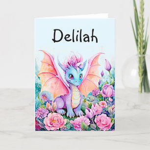 Add Name Baby Dragon on Blue Background Holiday Card