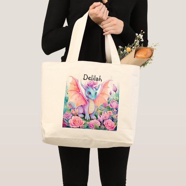 Add Name - Baby Dragon Wings & Flowers Large Tote Bag (Front (Product))