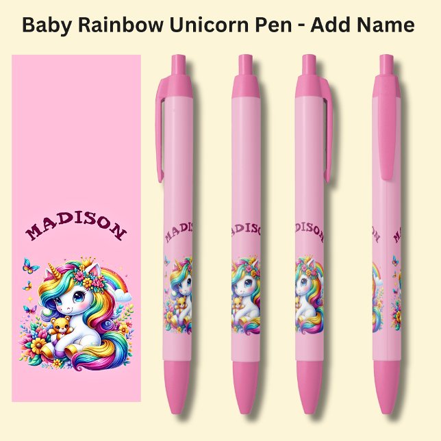 Add Name, Baby Rainbow Unicorn on Pink Black Ink Pen (Creator Uploaded)