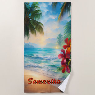 Add Name, Beach Scene with Red Flowers  Towel