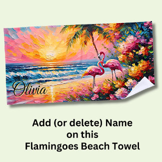 Add Name Beach Sunset Flamingoes Tropical Flowers  Beach Towel