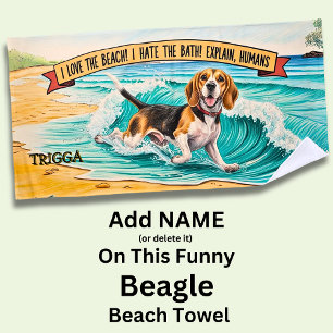 Add Name, Beagle Dog Running in Waves Beach Towel