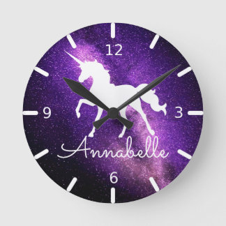 ADD NAME / Beautiful Unicorn Purple Space Round Clock