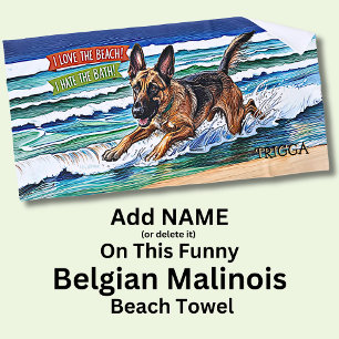 Add Name, Belgian Malinois Splashing in Waves Dog Beach Towel