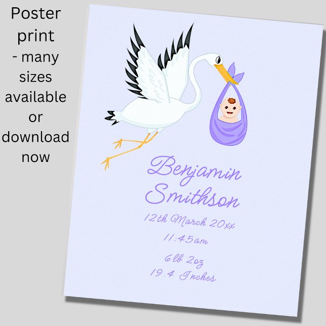 Add Name - Birth Details Stork Blue Baby Nursery Poster (Creator Uploaded)