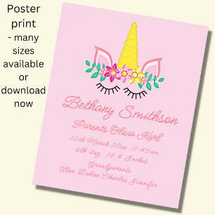 Add Name Birth Details, Unicorn Eyes Pink Nursery Poster