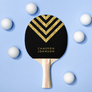 Add Name Black and Faux Gold Chevron Ping Pong Paddle