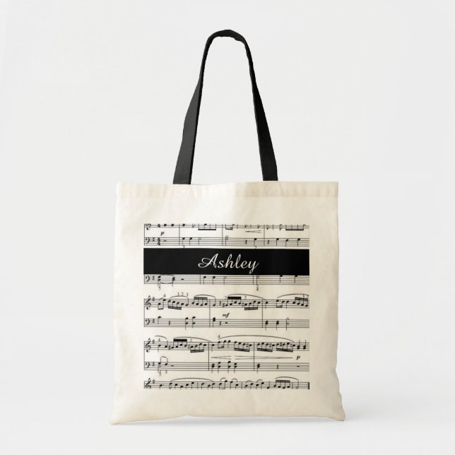 add name, black and white music notes tote bag (Front)