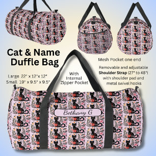 Add Name Black Cat & Flowers on Pink Duffle Bag