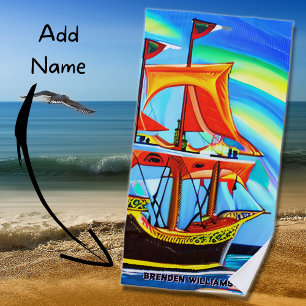 Add Name, Black Gold Pirate Ship Red Orange Sails  Beach Towel