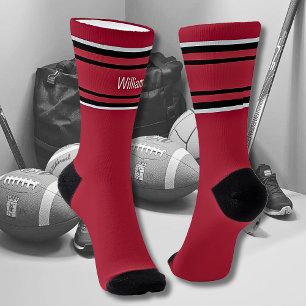 Add Name Black & Grey Stripes on Dark Red Socks