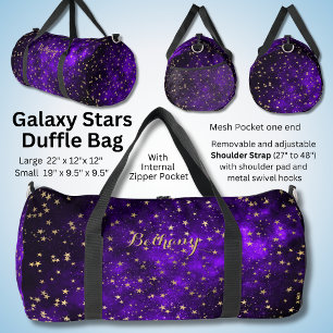 Add Name Black Purple with Gold Stars Galaxy Duffle Bag