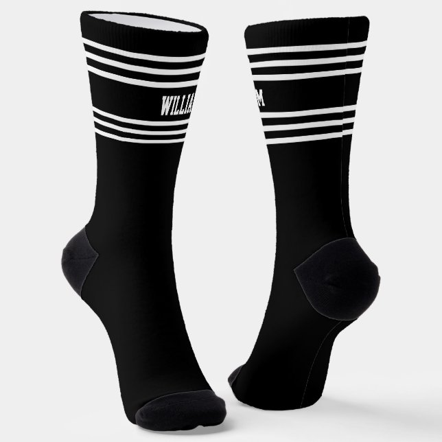 Add Name Black Stripes on White Socks (Angled)