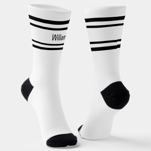 Add Name Black Stripes on White Socks (Angled)