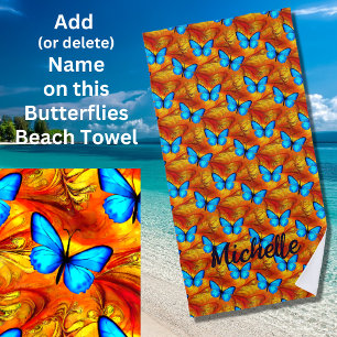 Add Name, Blue Butterflies on Golden Background Beach Towel
