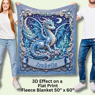 Add Name, Blue Dragon with Castle & Moon Fleece Blanket