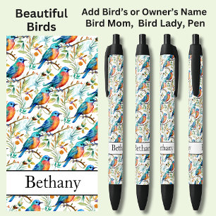 Add Name, Blue Orange Colorful Birds Black Ink Pen