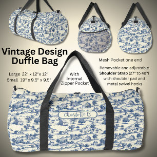 Add Name, Blue Vintage French Village Print  Duffle Bag