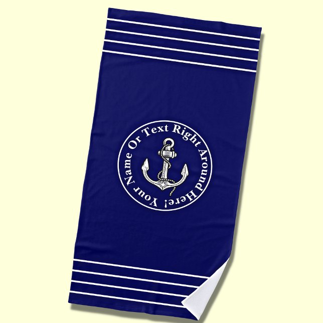 Add Name, Blue White Nautical Anchor & Stripes  Beach Towel (Creator Uploaded)