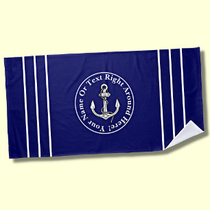 Add Name, Blue White Nautical Anchor & Stripes Beach Towel