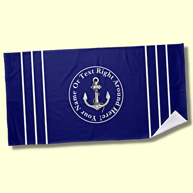 Add Name, Blue White Nautical Anchor & Stripes Beach Towel (Creator Uploaded)