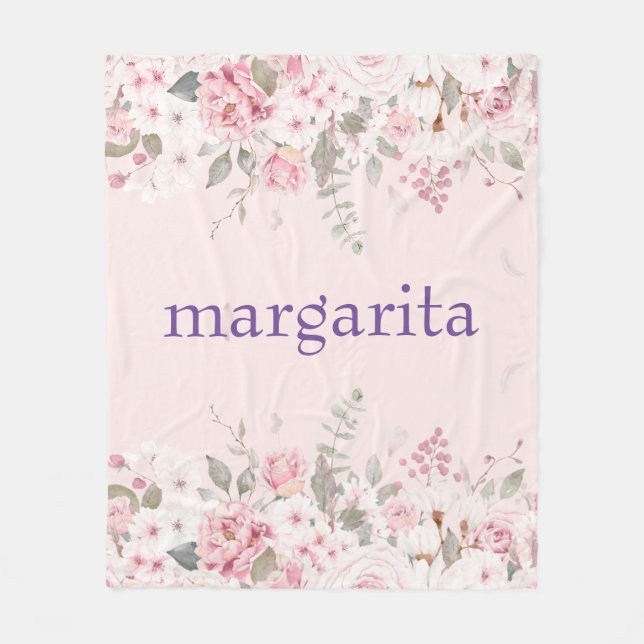 Add Name Boho Pink Green White florals Fleece Blanket (Front)