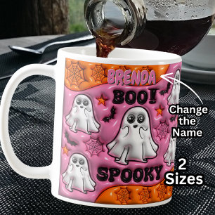 Add Name BOO! SPOOKY Orange & Pink, White Ghosts Coffee Mug