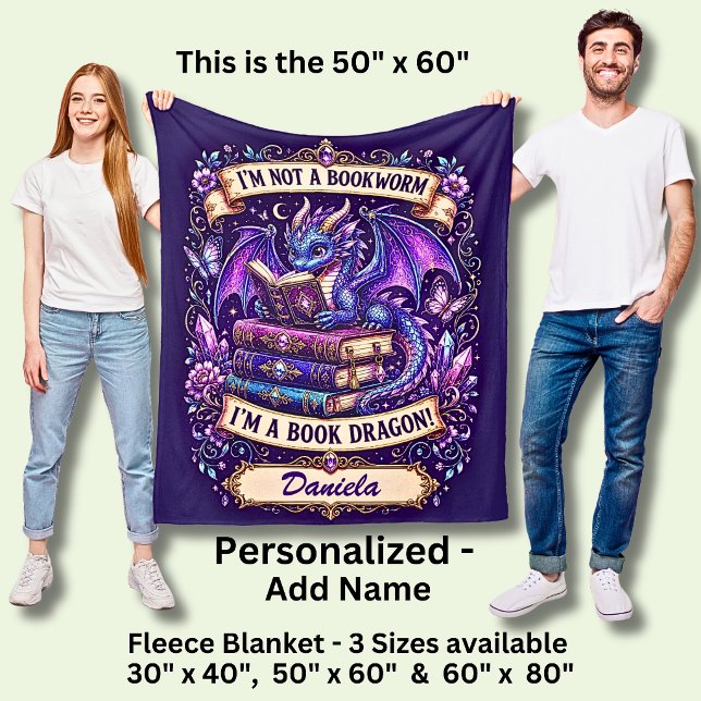 Add Name, Book Dragon Purple Blue Fleece Blanket (Creator Uploaded)