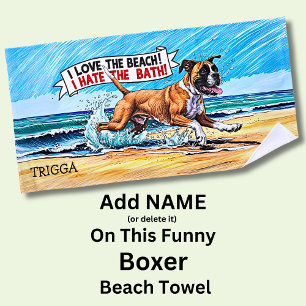 Add Name, Boxer Dog Running in the Waves Beach Towel