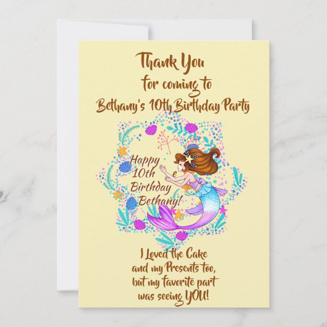 Add Name Brown Hair Mermaid Mauve on Cream Party I Thank You Card (Front)