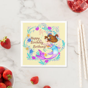 Add Name Brown Hair Mermaid Mauve on Cream Party Napkin
