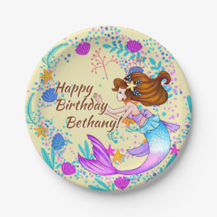 Add Name Brown Hair Mermaid Mauve on Cream Party P Paper Plate