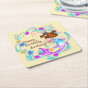 Add Name Brown Hair Mermaid Mauve on Cream Party Square Paper Coaster