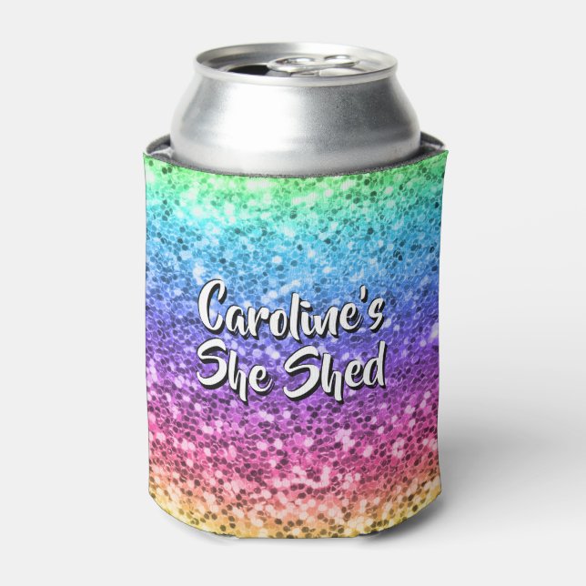 Add Name Change Any Text She Shed Sparkle Rainbow Can Cooler (Can Front)