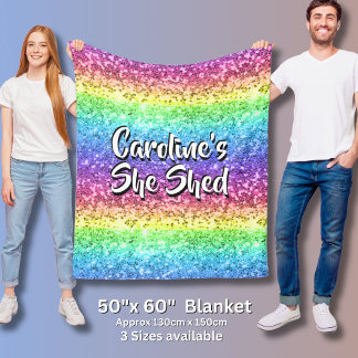 Add Name Change Any Text She Shed Sparkle Rainbow  Fleece Blanket
