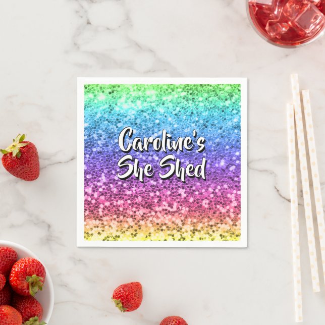 Add Name Change Any Text She Shed Sparkle Rainbow  Napkin (Insitu)