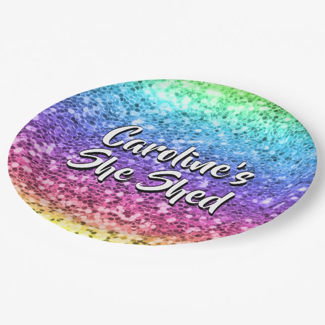 Add Name Change Any Text She Shed Sparkle Rainbow  Paper Plate (Angled)