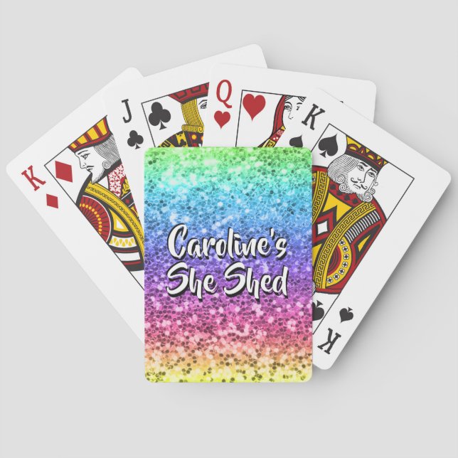 Add Name Change Any Text She Shed Sparkle Rainbow  Playing Cards (Back)