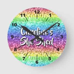 Add Name Change Any Text She Shed Sparkle Rainbow Round Clock