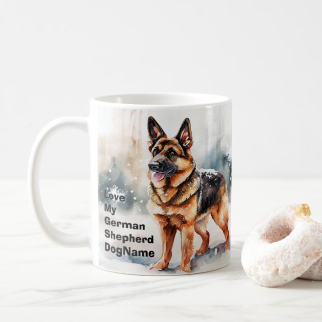 Add Name Change Text, German Shepherd in Snow #1 Coffee Mug (With Donut)