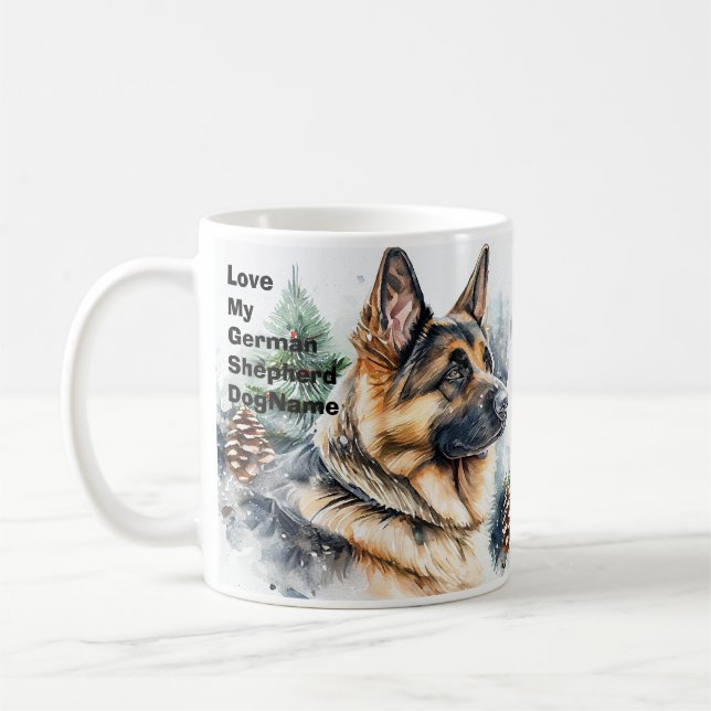 Add Name Change Text, German Shepherd in Snow #4  Coffee Mug (Left)