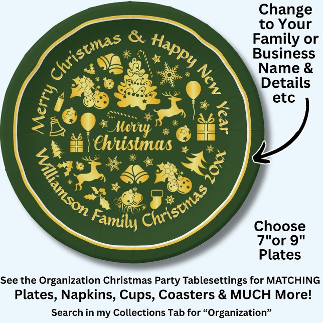 Add Name Change Text Gold  Green Christmas 20xx 7" Paper Plate (Creator Uploaded)